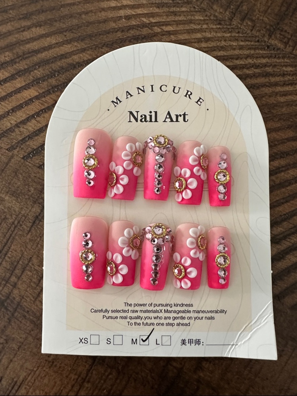 Matte Pink Ombre 3D Floral Rhinestone Press-On Nails